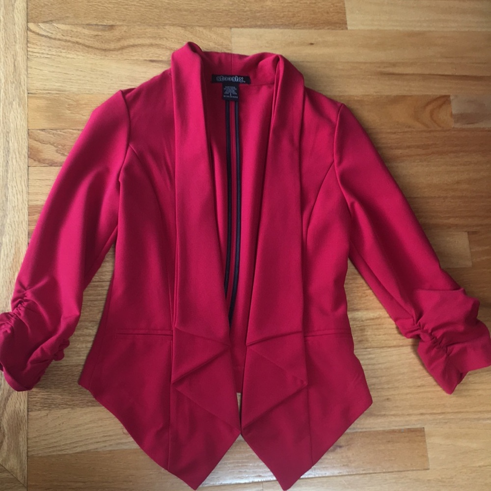 Red Blazer with Ruched Cuffs